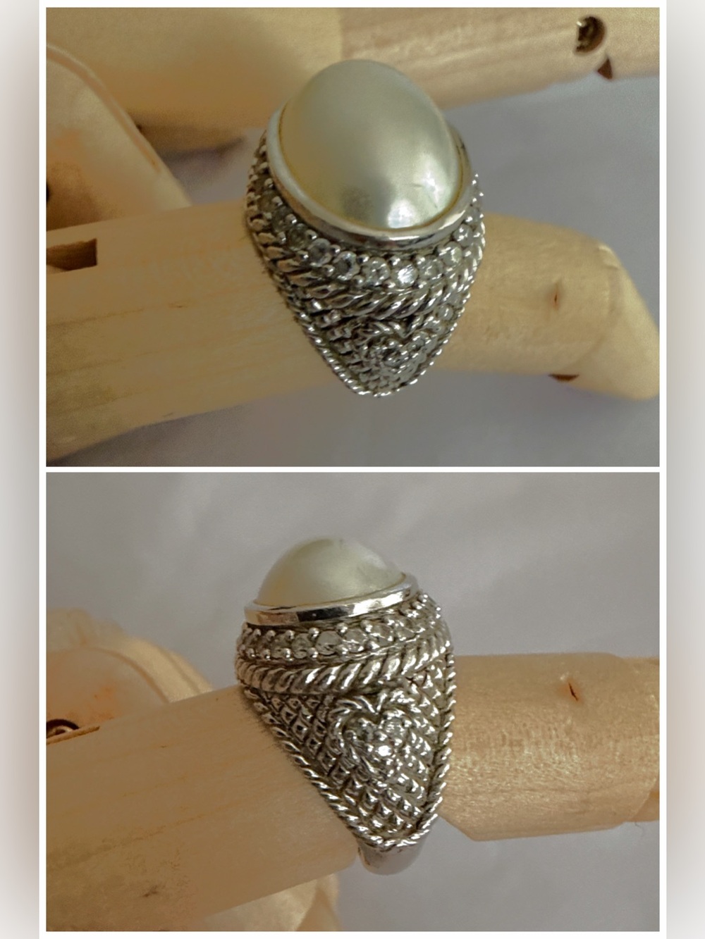 Vintage Judith Ripka Genuine Mabe Pearl & DQ CZ Sterling Silver Ring Sz 6
